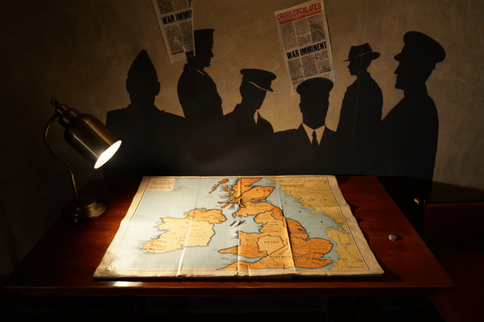 Mappa del Regno Unito con ombre militari e titoli di giornale sulla propaganda bellica.