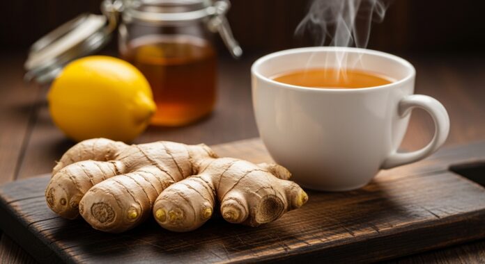 Radice di zenzero fresco su un tagliere con una tazza di tisana calda, limone e miele, a rappresentare un rimedio naturale per la nausea.