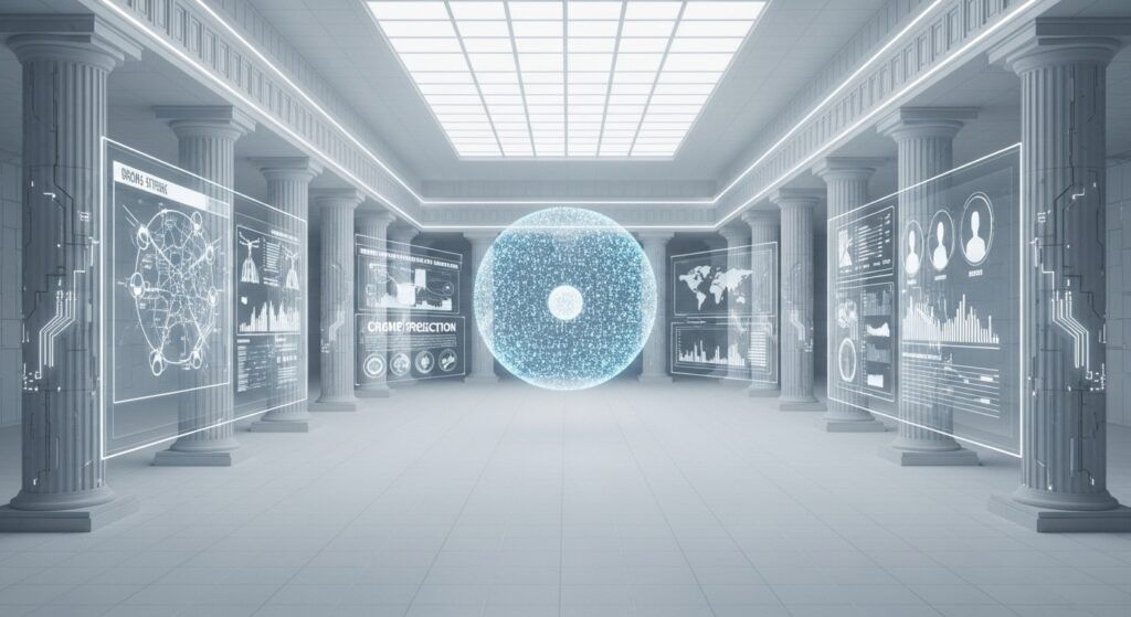 La Repubblica Algoritmica di Platone reinventata come un tempio di circuiti, con un nucleo di intelligenza artificiale che proietta dati di sorveglianza e controllo sulle pareti.