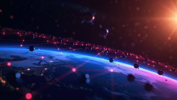 Rete di satelliti stilizzati in orbita attorno alla Terra per la sorveglianza globale.