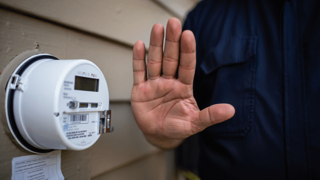 Mano che impedisce fisicamente l'installazione di un contatore smart, simboleggiando il rifiuto dell'utente.