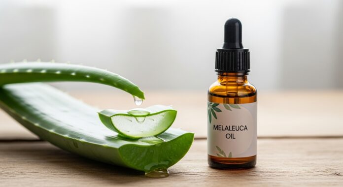 Ingredienti per il rimedio naturale contro l'herpes alle narici: una foglia di Aloe Vera e una boccetta di olio essenziale di Melaleuca.