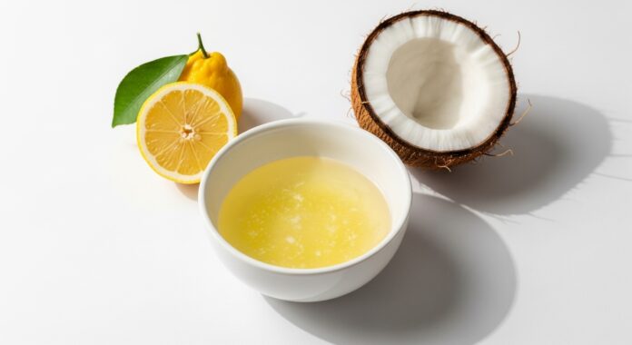 Ingredienti per il rimedio naturale per la forfora: una ciotola con olio di cocco e limone, affiancata da una noce di cocco e un limone fresco.