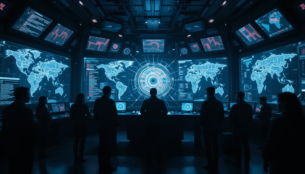 Sala di controllo futuristica con schermi olografici e IA, simbolo della militarizzazione e sorveglianza globale di Google.
