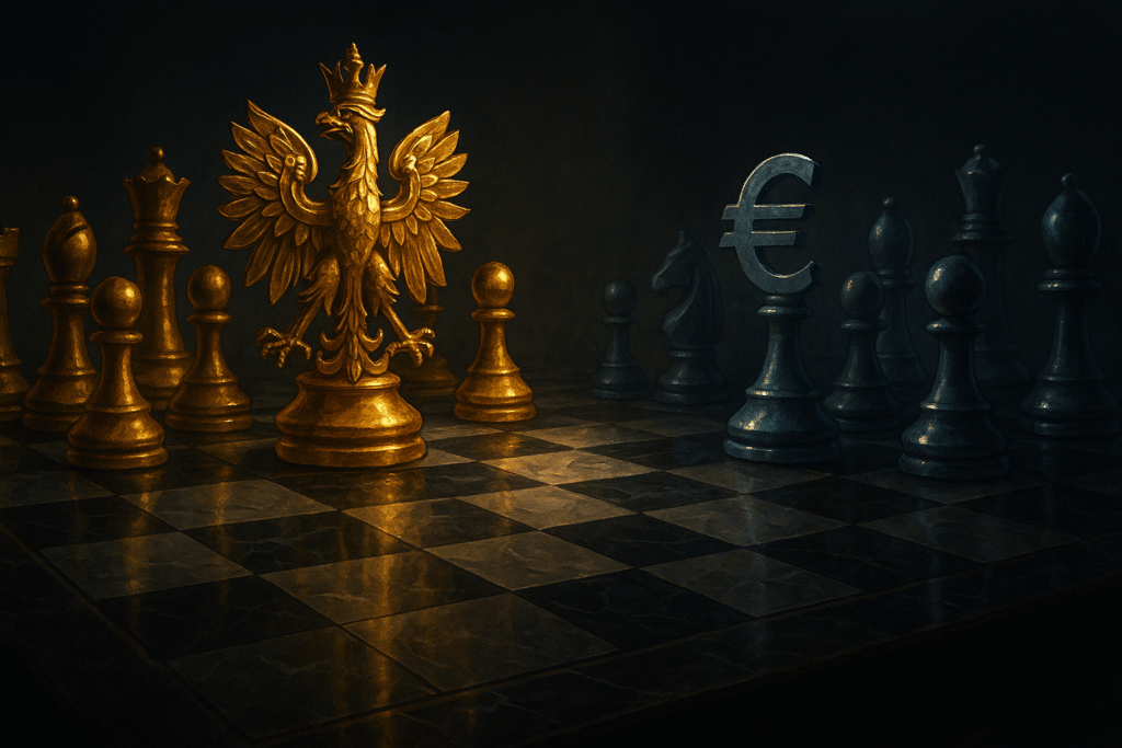 Scacchiera che simboleggia lo scontro strategico tra l'oro polacco e l'euro.