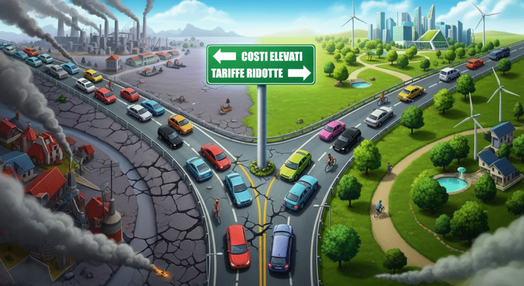 Bivio stradale che mostra la scelta tra un percorso inquinato con costi elevati e un percorso ecologico con tariffe ridotte grazie ai pedaggi ambientali.