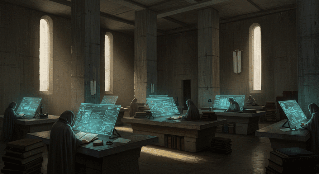 Scriptorium futuristico dove figure ammantate conservano manoscritti antichi e codici digitali, rappresentando la custodia del sapere nel Nuovo Medioevo.