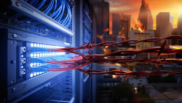 Server rack con cavi blu che diventano filo spinato insanguinato, simbolo dell'uso bellico della tecnologia Microsoft a Gaza.