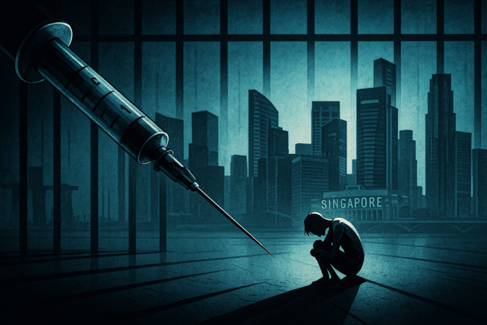 Siringa che simboleggia l'obbligo vaccinale autoritario a Singapore con figura umana oppressa.