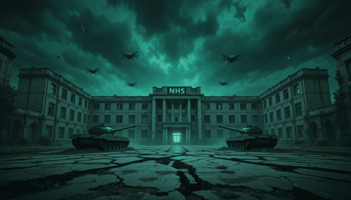 Ospedale NHS in rovina da cui escono carri armati e droni, simbolo dello smantellamento per spese militari e tecnologia.