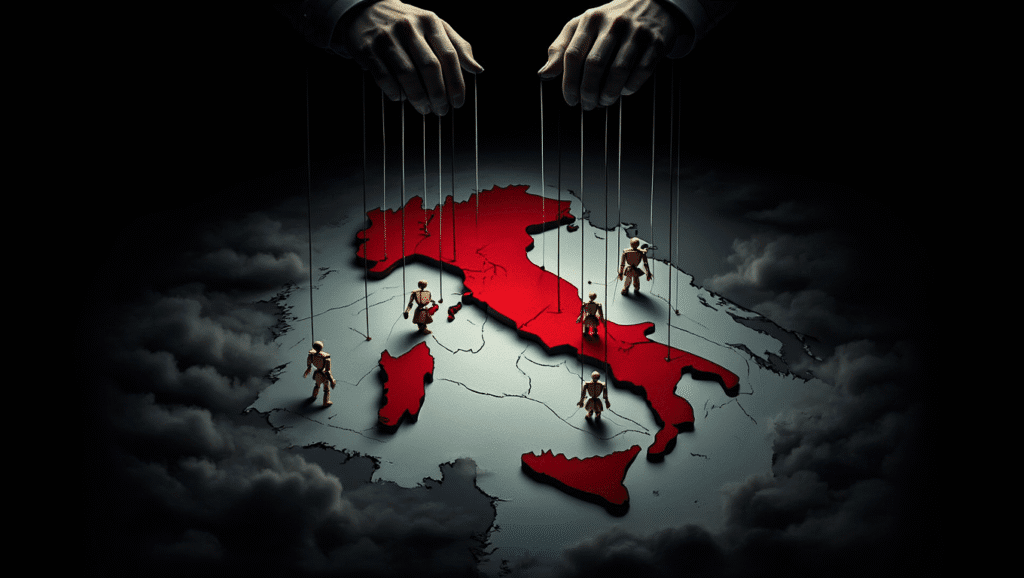 appa dell'Italia con città in rosso e marionette, a simboleggiare una presunta strategia dietro l'insicurezza urbana.