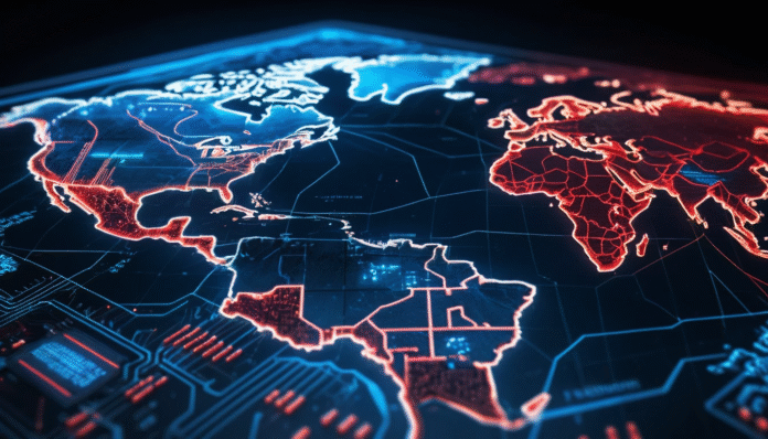 Mappa del mondo come circuito che illustra la strategia del friend-shoring, con flussi di potere dagli USA al Medio Oriente e l'isolamento della Cina.