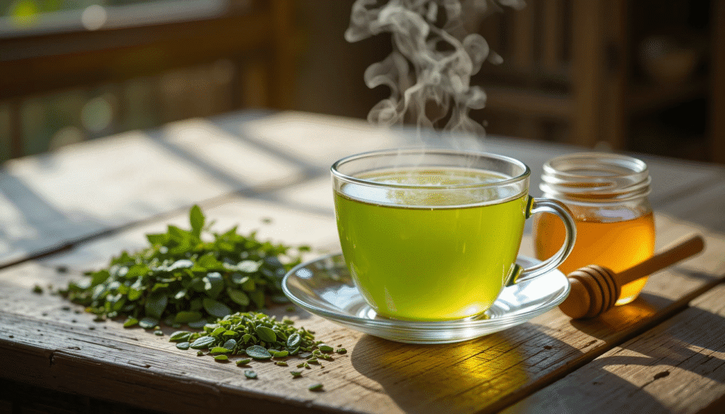 Tazza di tè verde e miele crudo, rimedi naturali per il benessere delle gengive infiammate.