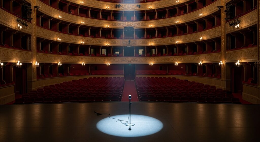 Un teatro vuoto con un solo microfono illuminato sul palco, simbolo della censura e della fine del dibattito culturale.