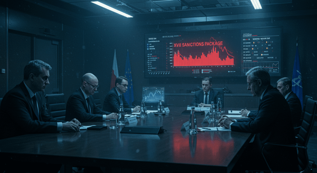 Tecnocrate europei in una sala riunioni buia a Bruxelles davanti a schermi con grafici negativi e "XVII Pacchetto Sanzioni".