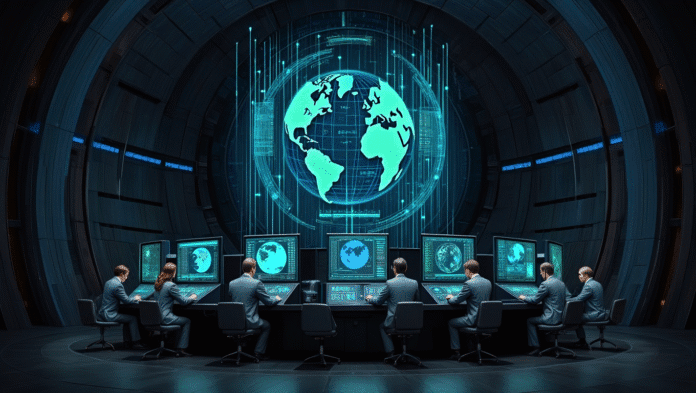 Consiglio globale di leader sovrannazionali che manipolano ologrammi con dati climatici, circondati da simboli di lockdown e satelliti di sorveglianza