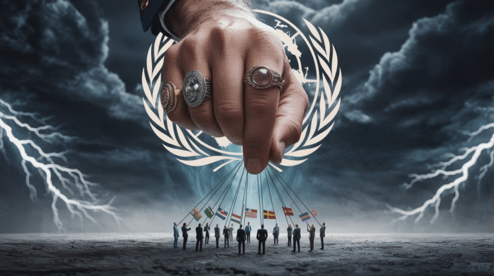 Mano gigante nell'ombra manovra leader mondiali e bandiere nazionali come marionette sotto un minaccioso logo ONU, simbolo del controllo esercitato nel progettato Governo Globale.