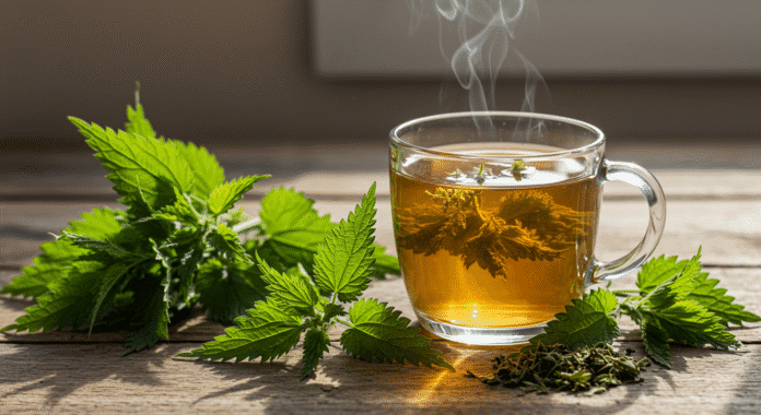 Tazza di tisana all'ortica con foglie di ortica fresche e secche, simbolo di rimedio naturale per allergie.