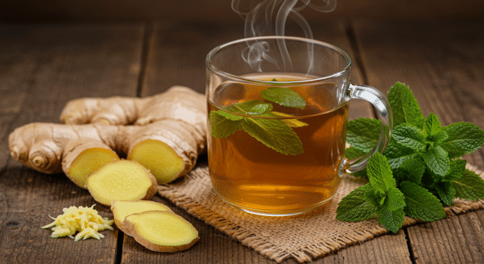 Tazza di tisana calda con zenzero e menta, rimedio naturale per i crampi mestruali.