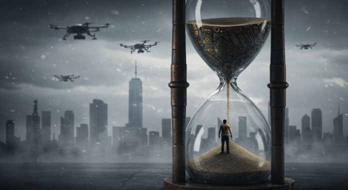 Uomo intrappolato in una clessidra mentre ingranaggi e microchip cadono su di lui, simbolo dell'oppressione tecnologica legata all'allarmismo climatico.