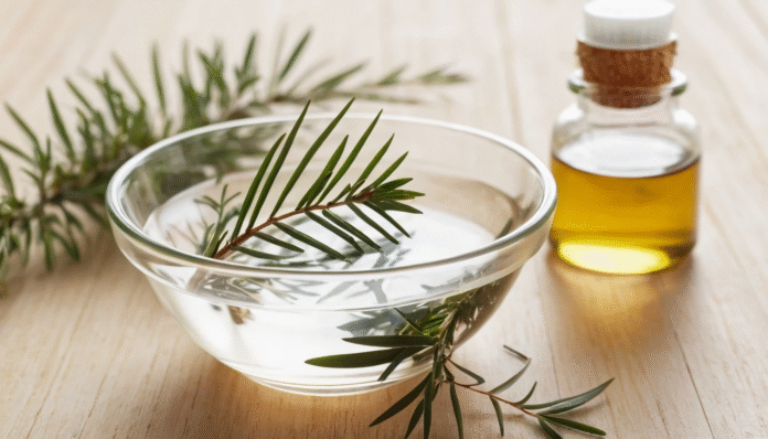 Preparazione del rimedio naturale per la micosi delle unghie con olio di Melaleuca e olio di cocco in una ciotola di vetro.