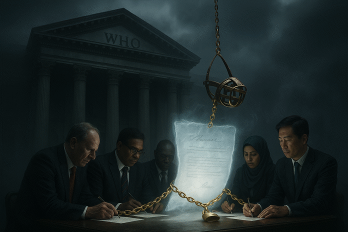 Delegati internazionali firmano un trattato pandemico trasparente davanti alla sede dell'OMS avvolta nella nebbia, simbolo di un accordo non chiaro.
