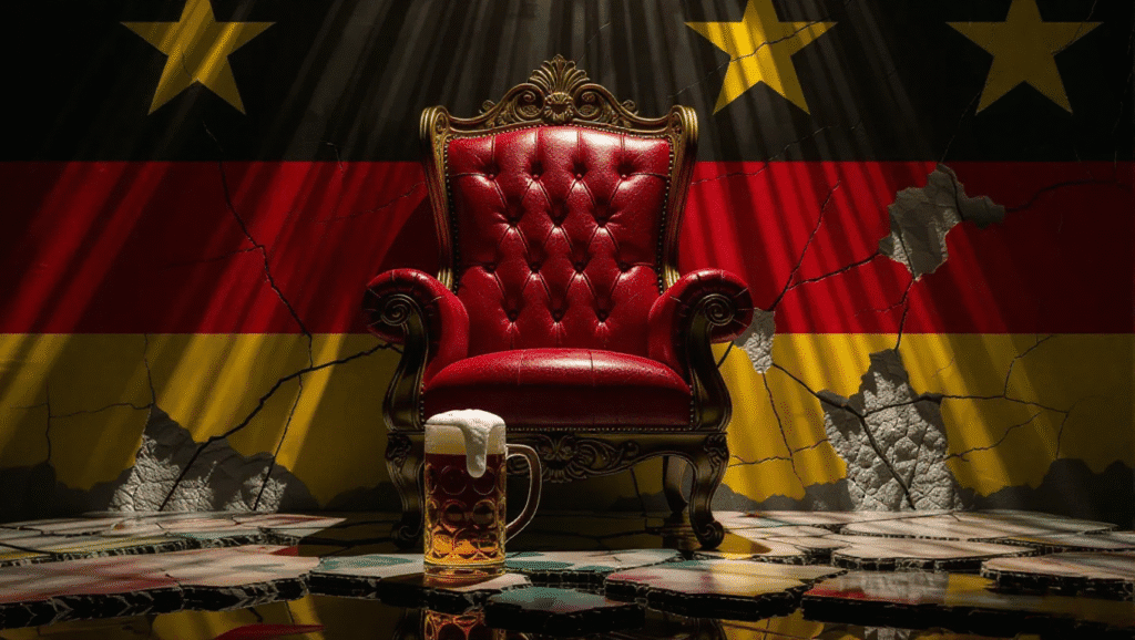 Simbolismo della caduta di Friedrich Merz: un trono incrinato e birra rovesciata su una mappa politica tedesca frammentata.