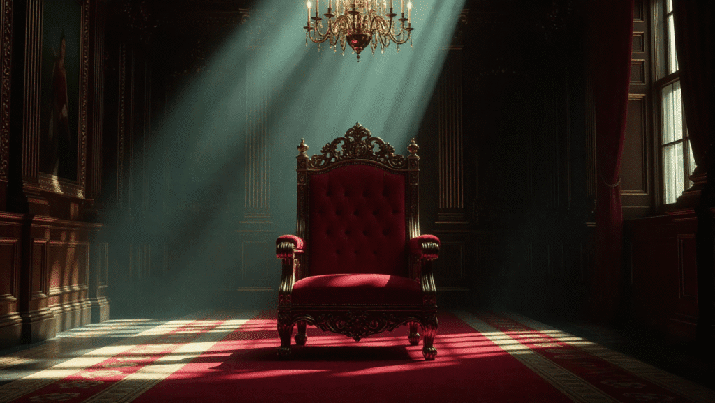 Trono reale vuoto in una sala buia, simbolo del silenzio della monarchia sullo scandalo del Principe Andrea.