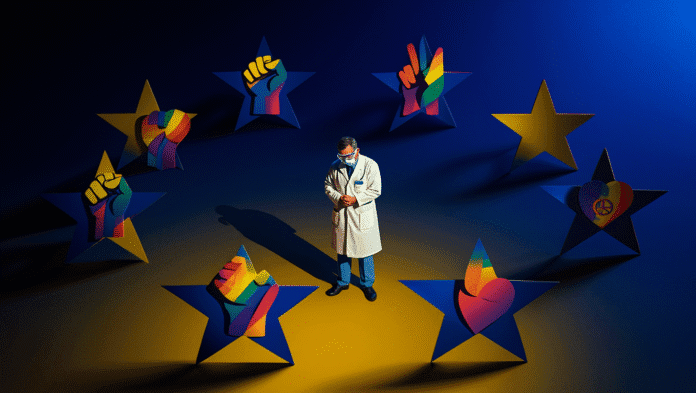 Illustrazione critica della politica UE sulla fuga di cervelli, percepita come mossa ideologica woke.