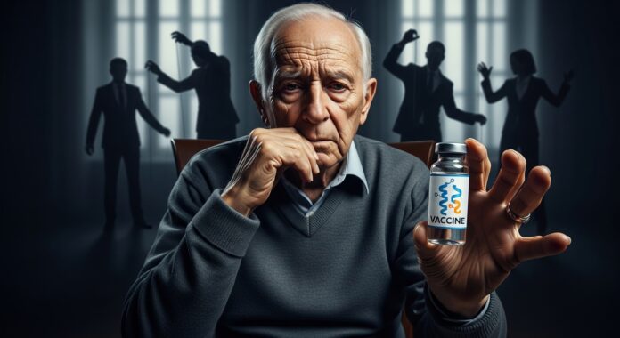 Uomo anziano con sguardo preoccupato tiene in mano un vaccino a base proteica mentre figure potenti lo osservano nell'ombra.