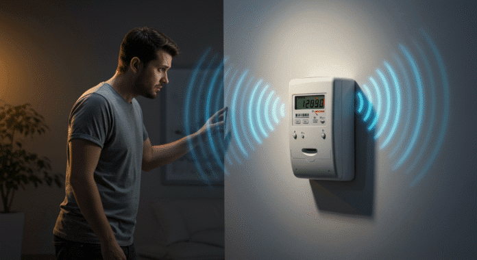 Uomo con espressione preoccupata osserva un contatore smart dal quale sembrano emanare onde radio.