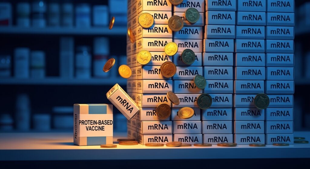 Metafora visiva della lotta di mercato tra il vaccino a base proteica, messo in ombra, e i vaccini mRNA, dominanti e redditizi.