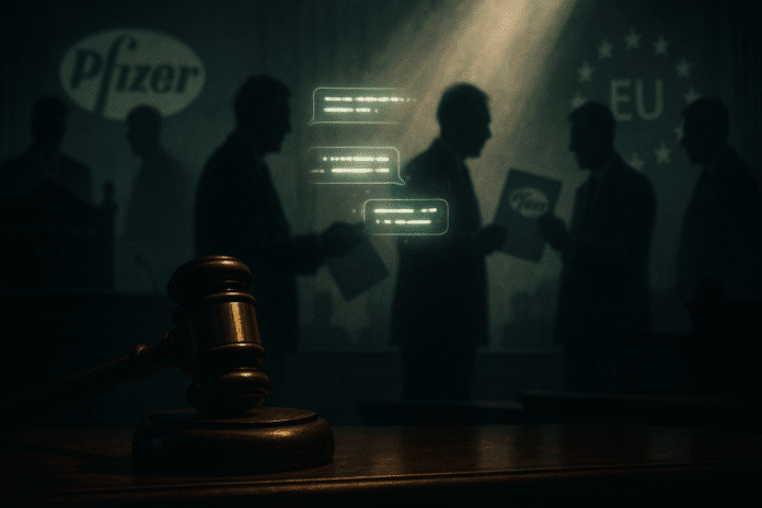 Aula di tribunale con figure ombra che si scambiano documenti Pfizer e UE, simboleggiando la mancanza di trasparenza sui messaggi.