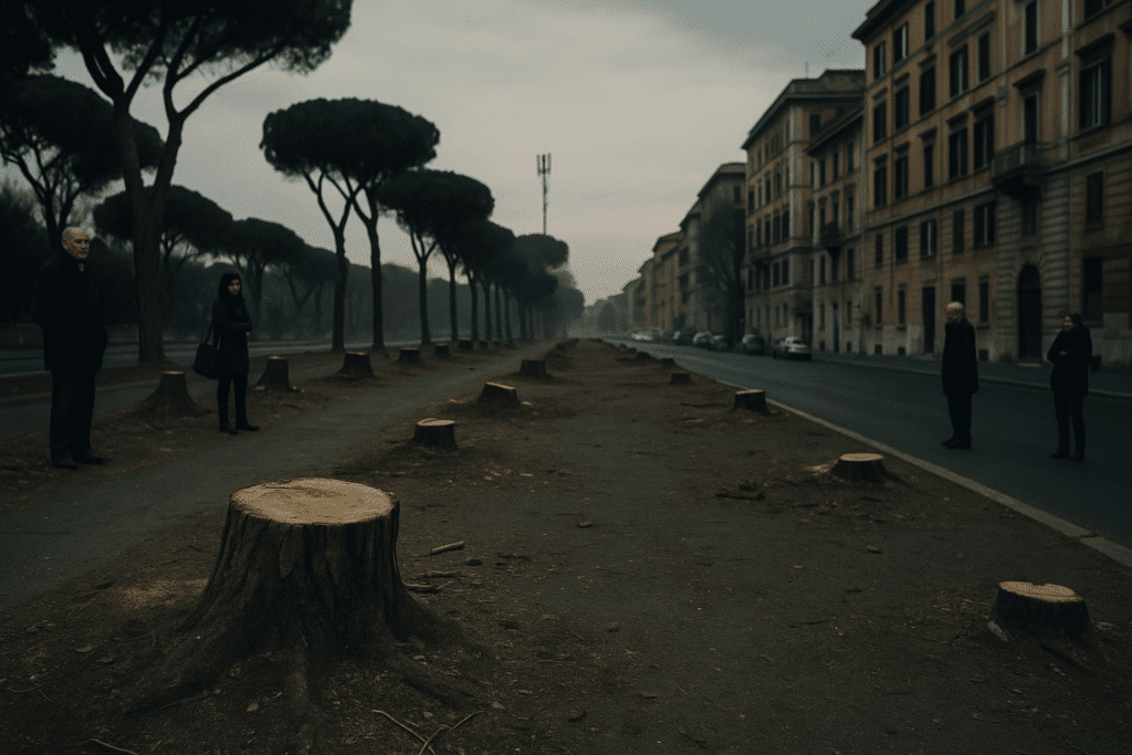 Viale romano deserto dopo l'abbattimento di alberi, con sospetto di collegamento alla deforestazione urbana per il 5G.