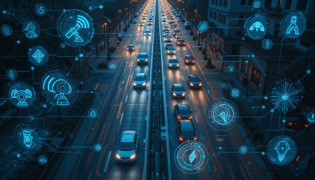 Strada di Bologna vista dall'alto con sovrapposizioni grafiche di icone di sorveglianza, a rappresentare il controllo della mobilità di Vision Zero.