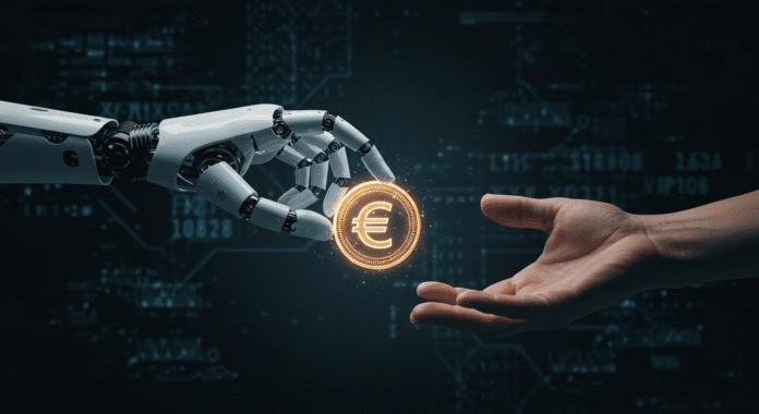 Mano robotica offre moneta digitale euro CBDC a mano umana esitante simboleggiando controllo e tecnologia.