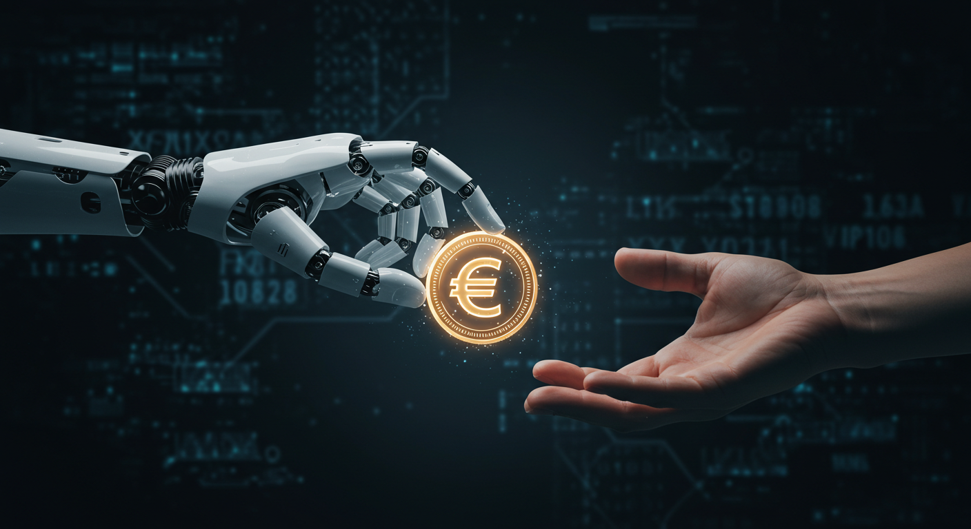 CBDC Euro Digitale: Controllo o Progresso? Mano robotica offre moneta digitale euro CBDC a mano umana esitante simboleggiando controllo e tecnologia.