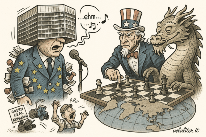 Vignetta satirica che rappresenta la UE come un burocrate che balbetta, ignorato da USA e Cina nel contesto del caos geopolitico globale.