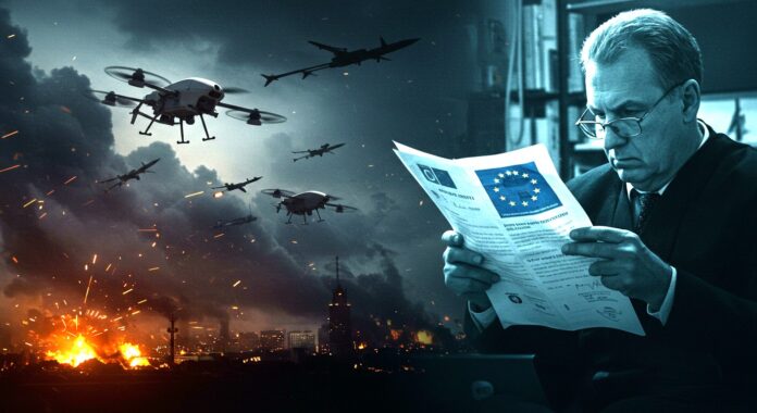 Contrasto tra droni e missili in conflitto e un burocrate europeo intento a esaminare documenti, simboleggiando la dissonanza tra caos globale e burocrazia.