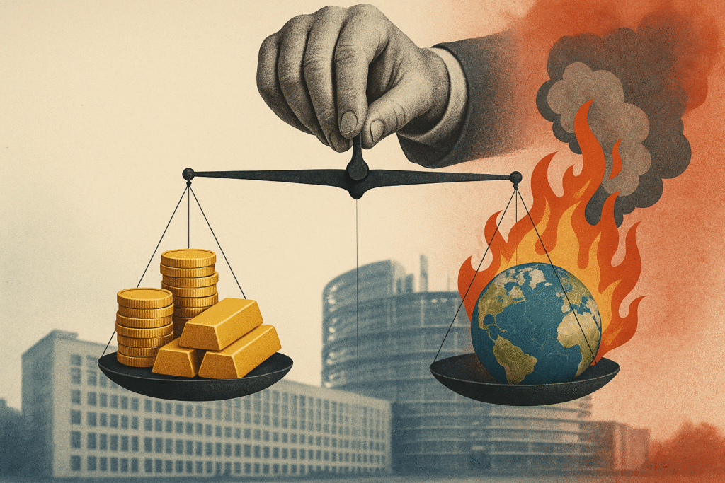 Immagine simbolica di una bilancia che confronta dazi commerciali e conflitti globali, con lo sfondo del Parlamento Europeo, rappresentando l'impatto geopolitico.