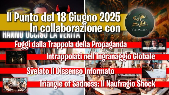 Copertina del podcast di Vel Aliter del 18 giugno 2025. Elenca i temi della puntata: propaganda, ingranaggio globale, dissenso informato e la critica al film Triangle of Sadness.