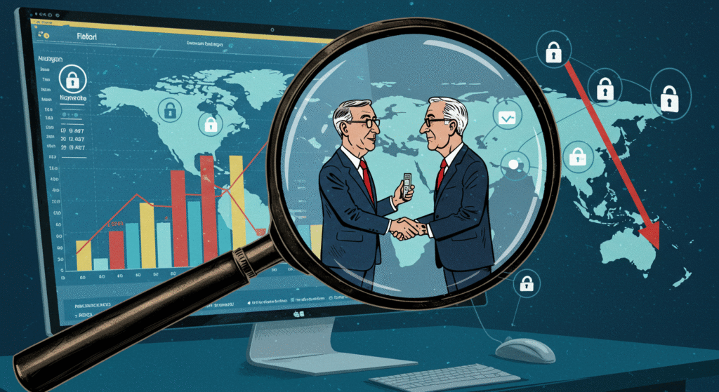 Caricatura satirica di intrighi politici, sorveglianza e problemi economici globali.