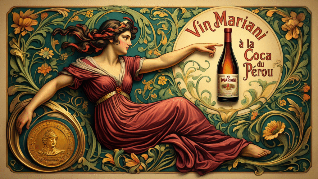 Manifesto pubblicitario d'epoca in stile Art Nouveau per il Vin Mariani, con figura femminile e dettagli della medaglia papale.