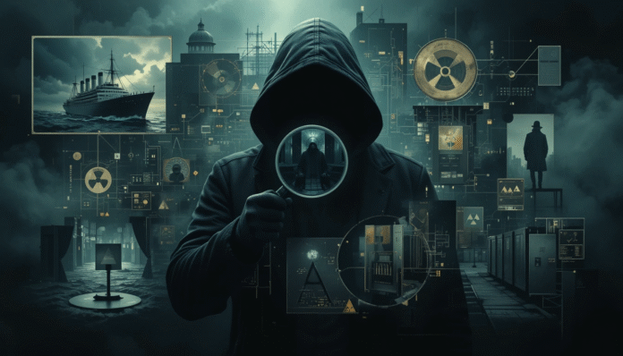 Illustrazione di spionaggio digitale e sorveglianza, con elementi simbolici di eventi politici e tecnologici.