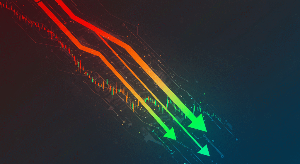 Illustrazione astratta che mostra frecce in caduta verso il basso, simboleggiando il crollo dello spread finanziario e un trend positivo nel mercato.