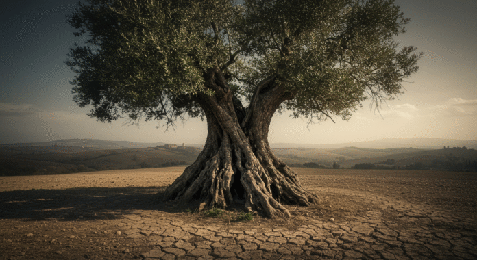 Un vecchio albero di ulivo con pochi germogli in un paesaggio arido, simbolo del declino demografico ed economico italiano.