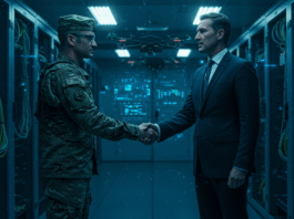 Un dirigente della Silicon Valley stringe la mano a un soldato dell'esercito USA, a simboleggiare l'unione tra tecnologia e difesa nel Distaccamento 201.