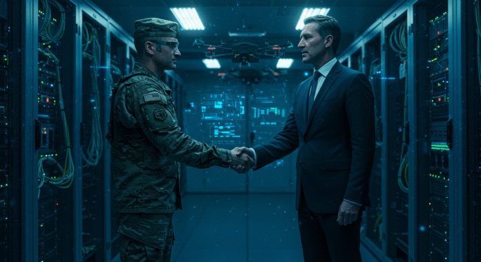 Un dirigente della Silicon Valley stringe la mano a un soldato dell'esercito USA, a simboleggiare l'unione tra tecnologia e difesa nel Distaccamento 201.