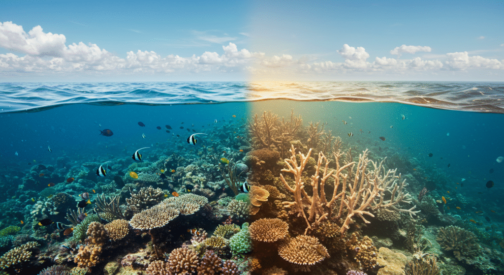Rappresentazione artistica dell'impatto ecologico di SeaCURE, con una parte di oceano sano e una parte alterata e senza vita a causa del cambiamento di pH.
