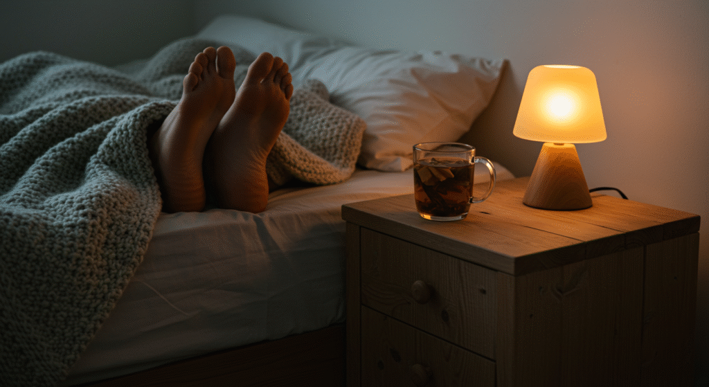 Piedi rilassati a letto in un'atmosfera serena, simbolo del benessere ottenuto con la riflessologia plantare contro l'insonnia.